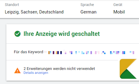 Anzeigen- und Diagnosevorschau in Google Ads.