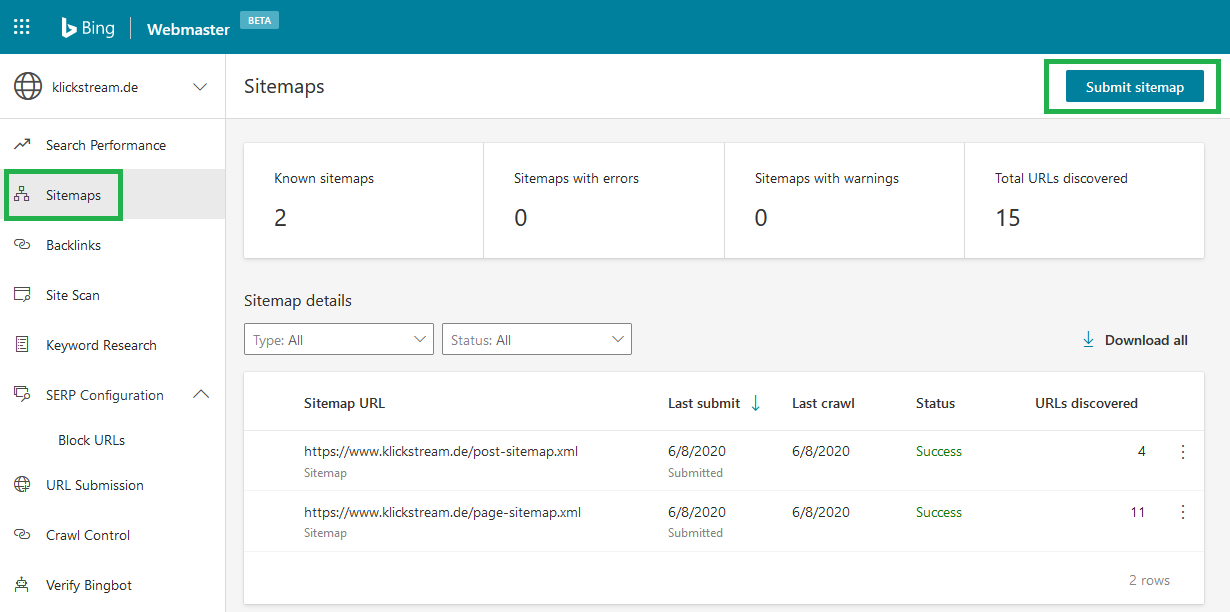 Anleitung Sitemap in Bing Webmaster Tools einfügen