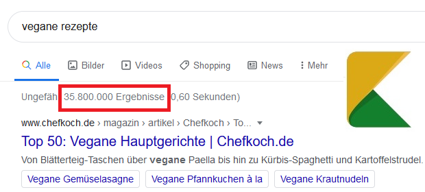 Vergleich Anzahl indexierter Seiten zu generischen Suchanfragen zu spezifischen Suchanfragen
