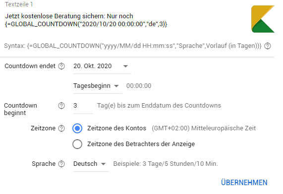 Beispiel einer Countdownanpassung Beispiel einer Countdownanpassung